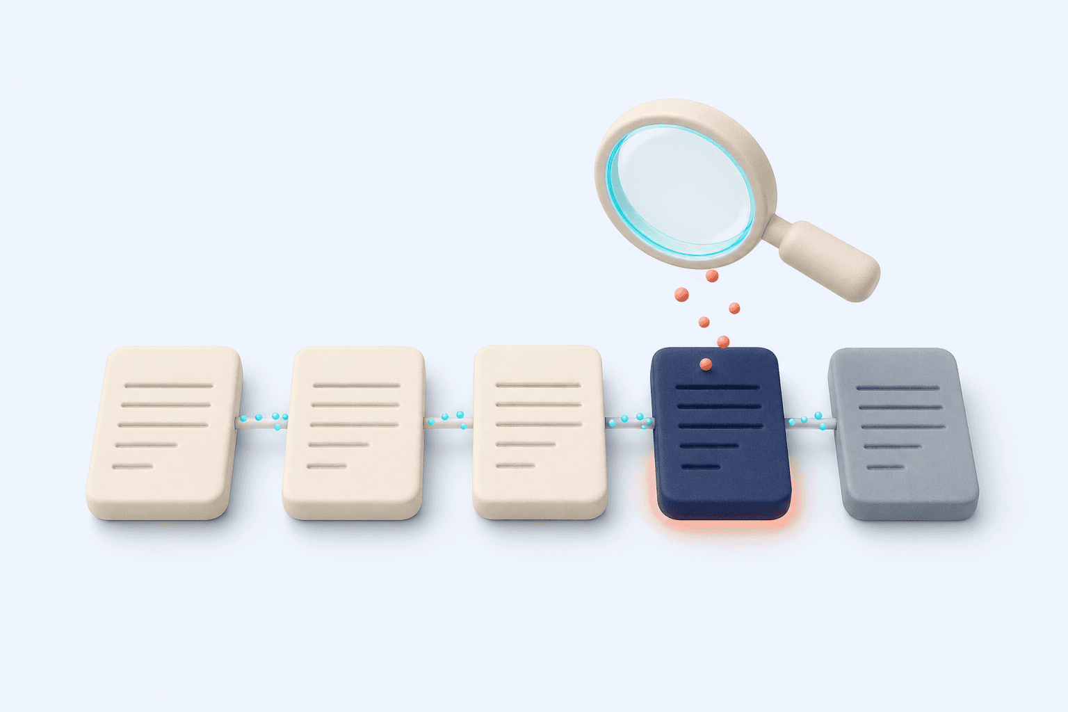 We read the policy, identify the right cadence and pinpoint where mora drifts — a clay magnifier hovers over a row of policy-card tiles and flags the frictio...