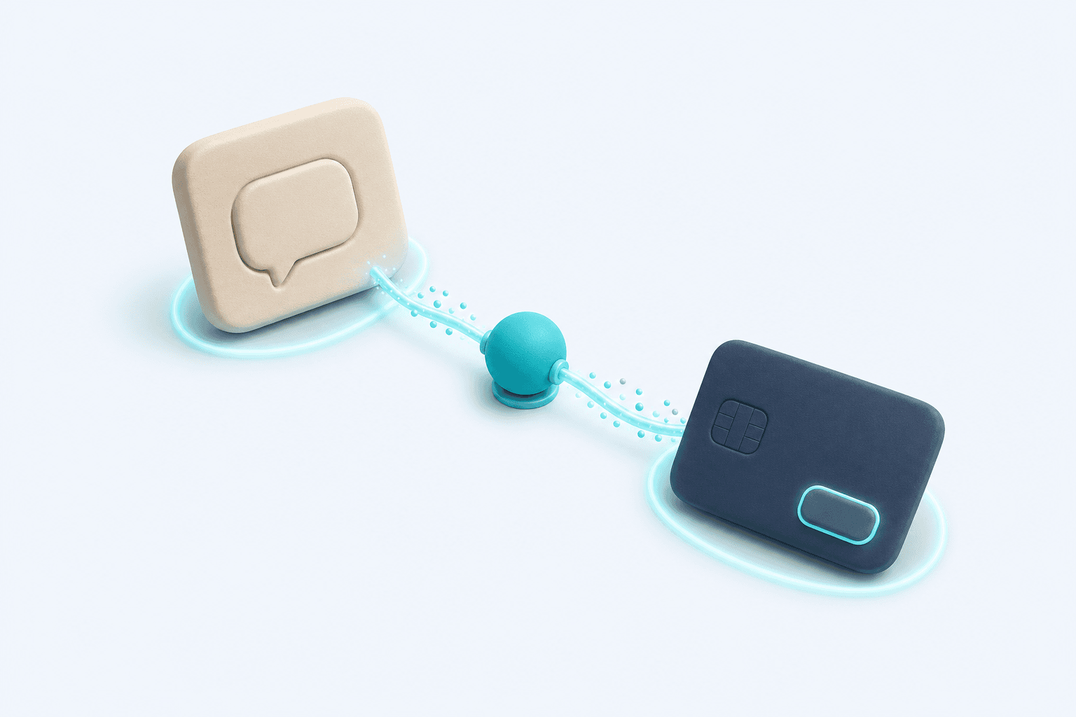 Follow-up and in-message collection ignite together — a clay chat-bubble tile and a clay payment-card tile light up in cyan, connected by a small hub.