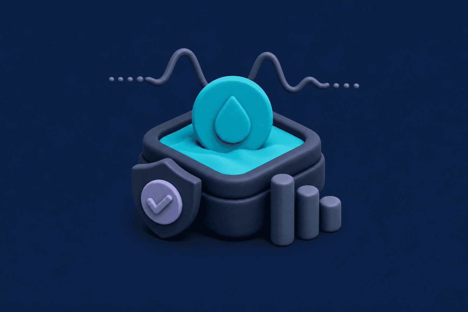 A central stable-value sphere anchors three identical orbital tokens with rigid filaments — digital liquidity locked one-to-one with local currency.