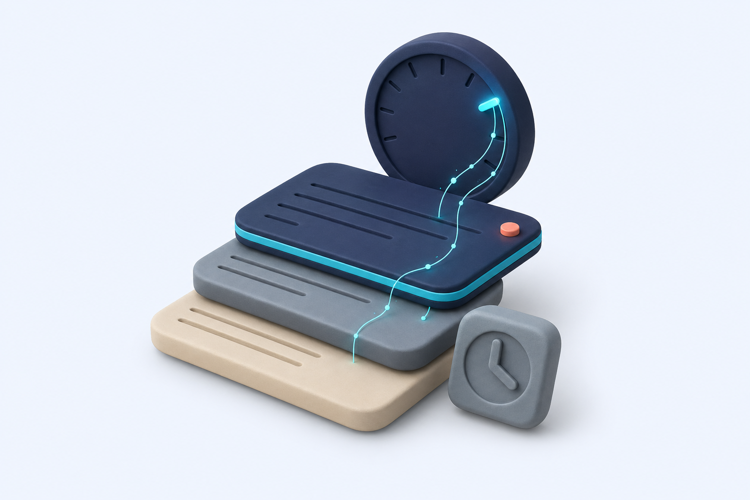 A consistent collection policy runs as a stack of clay rule-cards orchestrated by a calm cadence dial — the system does the repetitive work so analysts focus...