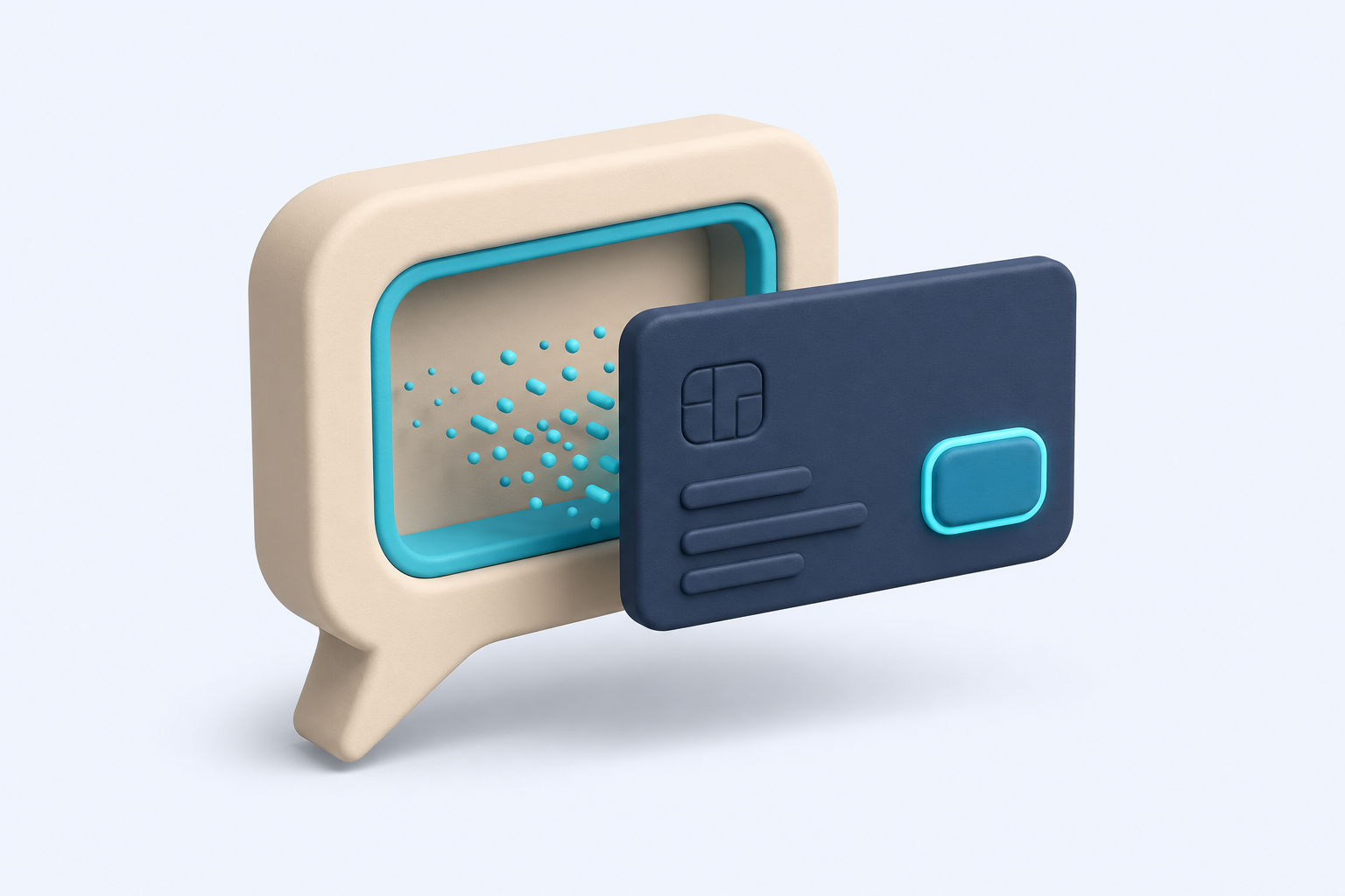 The reminder message itself becomes the path to settlement — a chat-bubble slab opens to reveal a payment-card tile glowing in cyan.