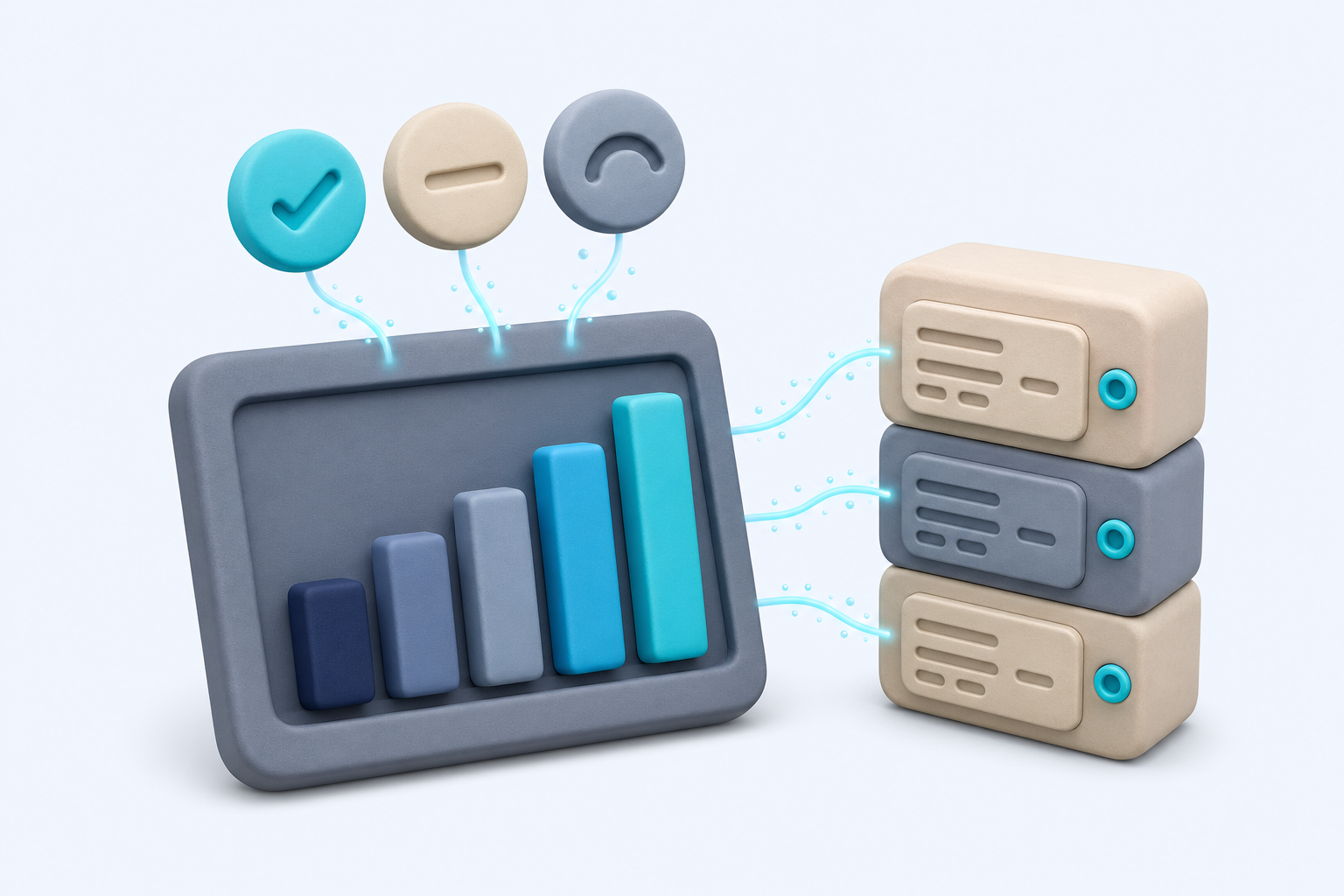 A clay dashboard tile with bar-chart columns and three status badges sits beside a tall ledger column — every debt status becomes legible from one consolidat...