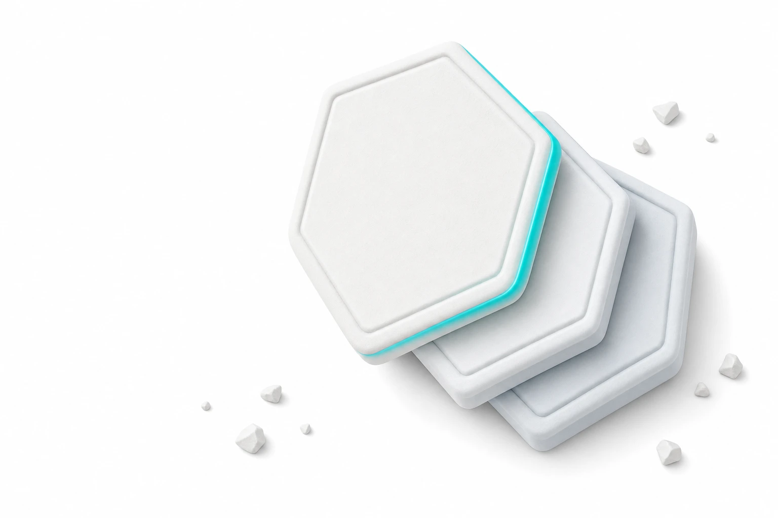 Layered geometric clay shields representing compliance certifications in abstract form