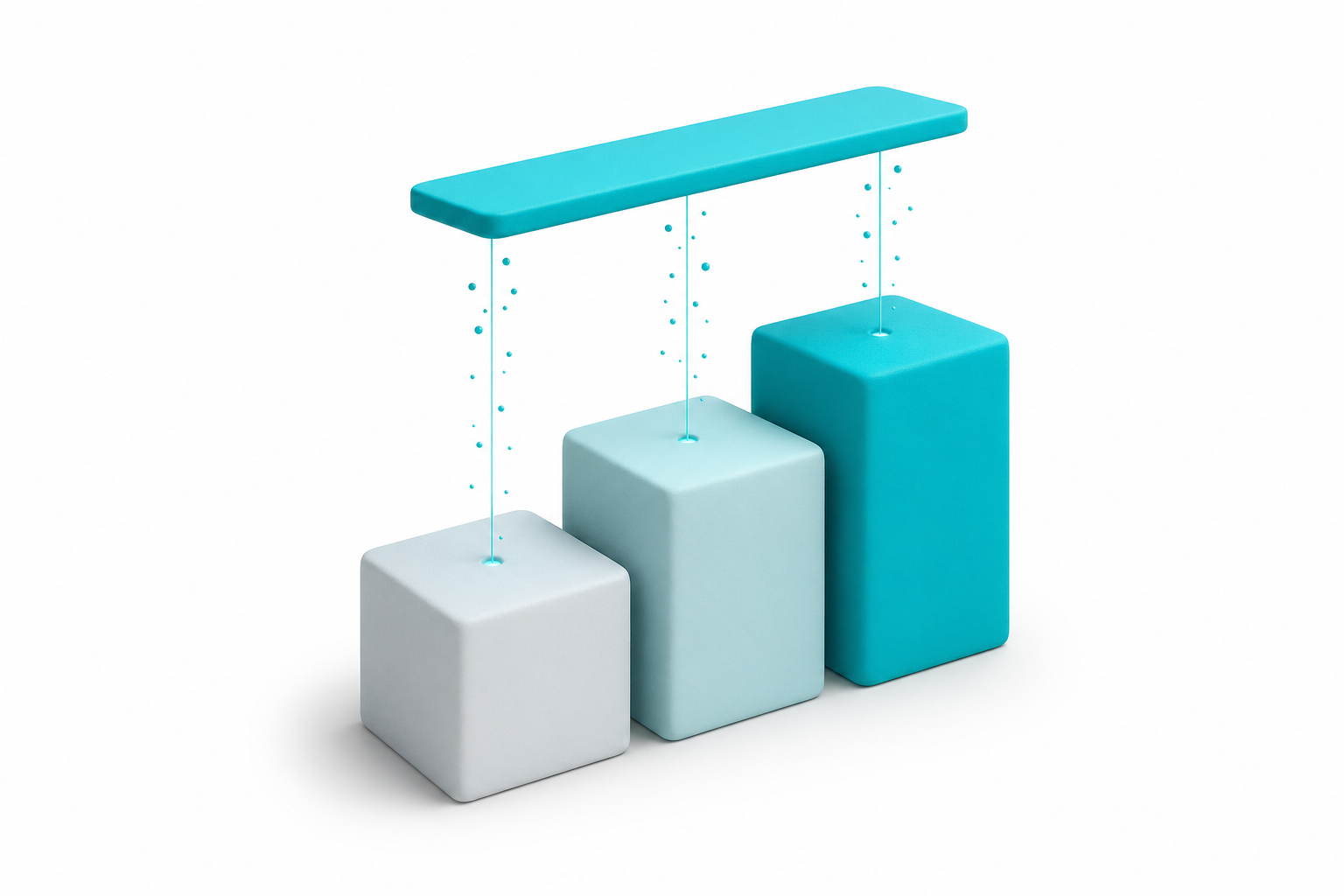 Soft-clay 3D ramp of three modular blocks ascending toward a unified cyan layer on a plain white backdrop.