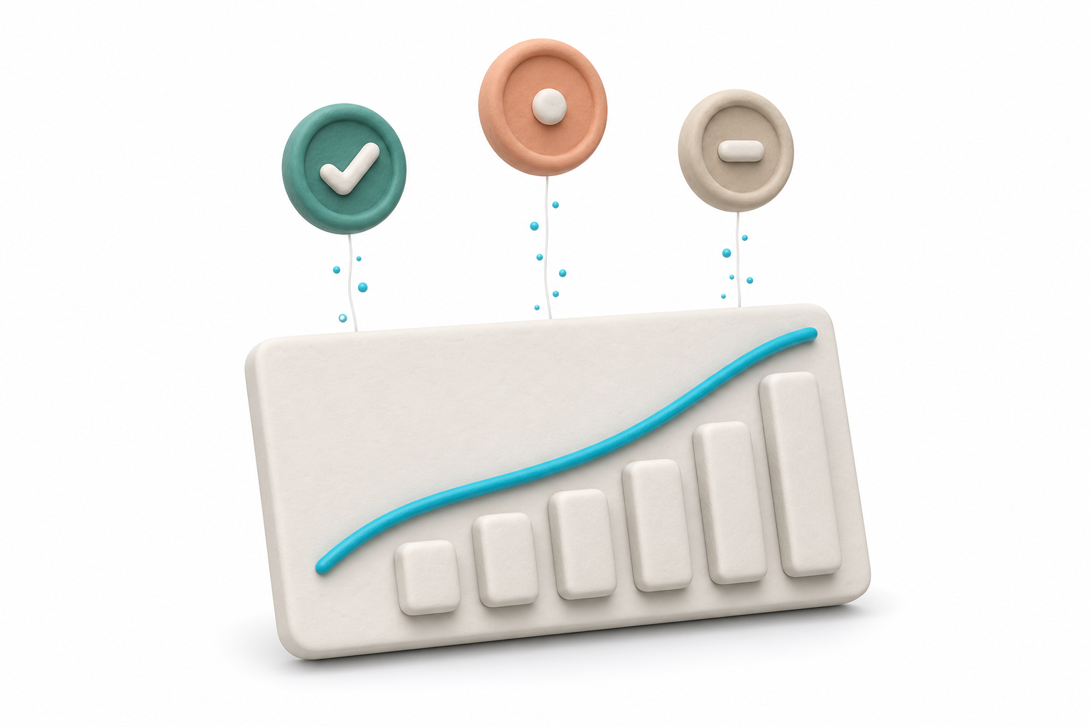 Soft-clay 3D dashboard tile with three status badges (cobrado, fallido, pendiente) on a plain white backdrop.